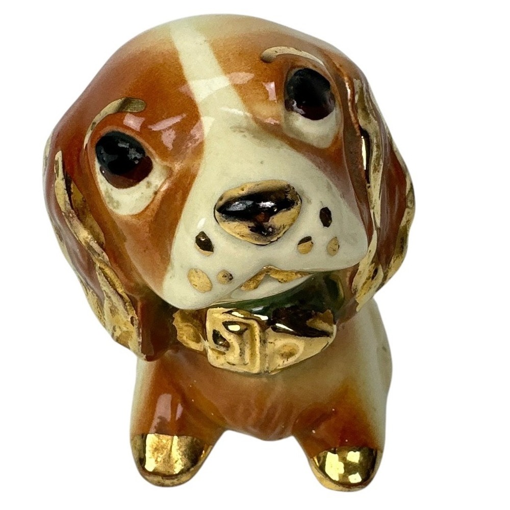 Vintage Ceramic Basset Hound Puppy Planter Figurine Gold Trim Brown 4 Inch